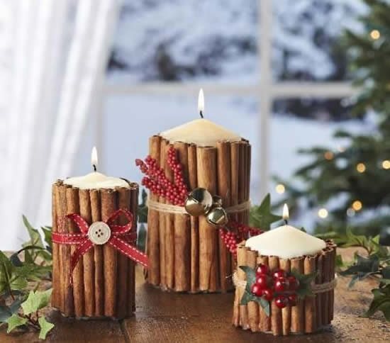 Velas decoradas de Natal com paus de canela