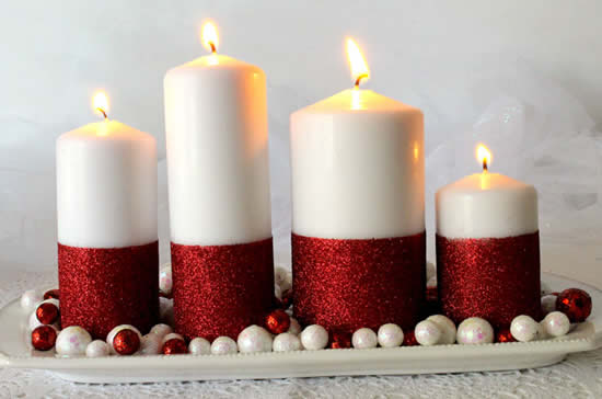 Velas decoradas de Natal com glitter