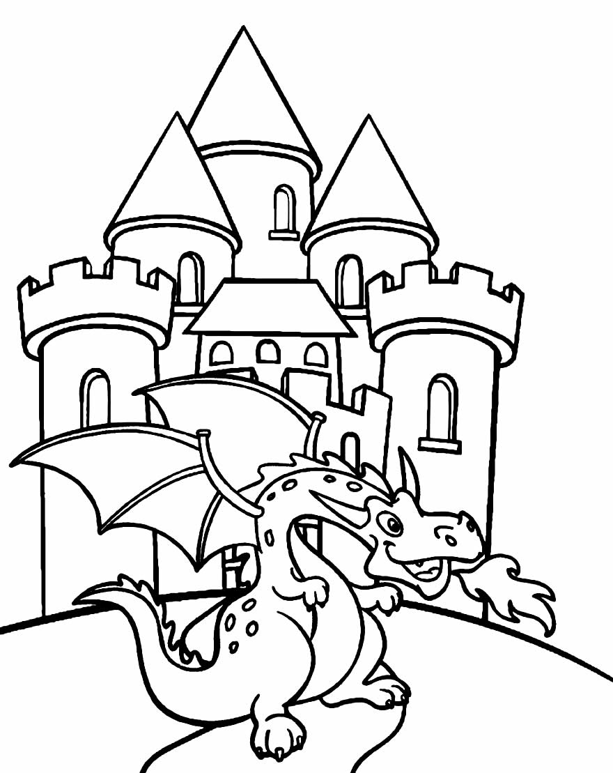 Desenho de Castelo e Dragão para colorir e pintar