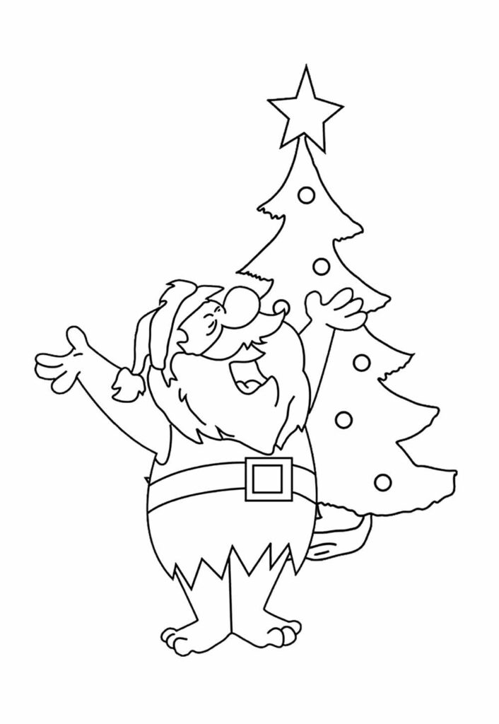 Desenho de Árvore de Natal e Papai Noel para colorir